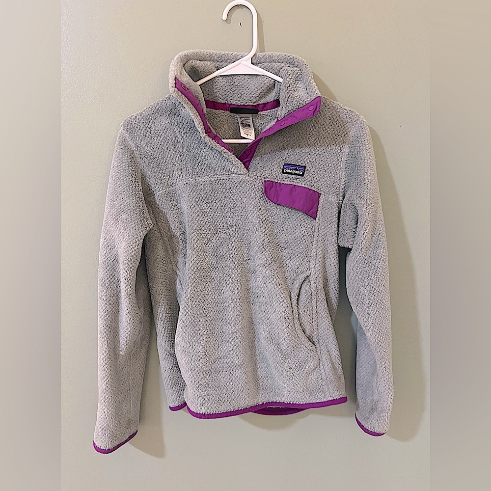 EUC PATAGONIA gray With Purple Trim fleece 1/4 snap pullover Jacket sz S